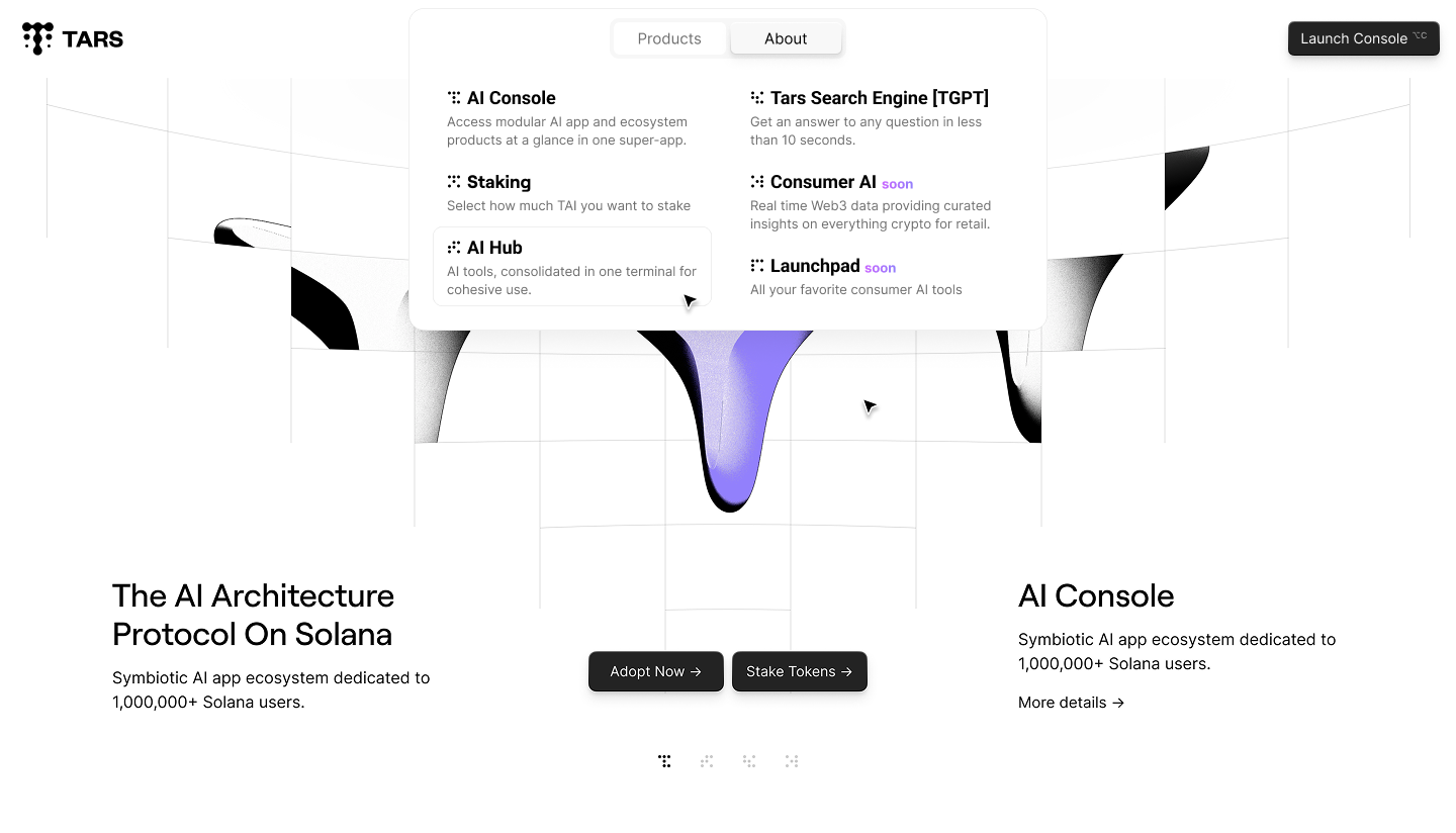Product navigation dropdown showing AI Console, Staking, AI Hub, and more